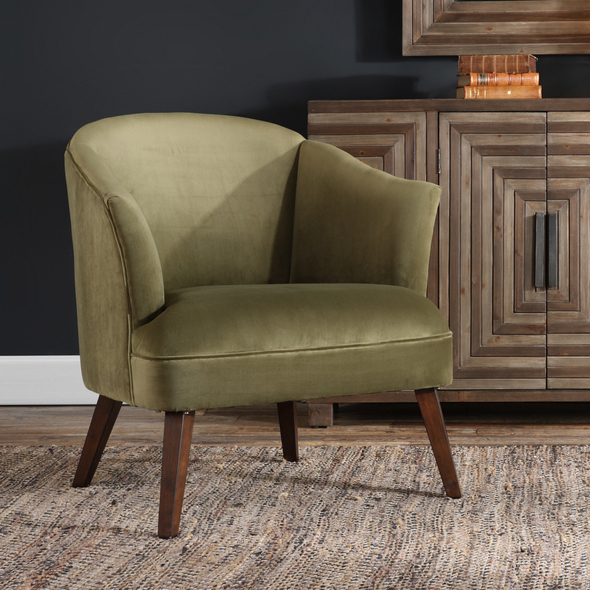 white chair and ottoman Uttermost  Accent Chairs & Armchairs This Barrel Back Style Accent Chair Offers A Cozy Feel, Featuring A Soft Olive Toned Polyester Velvet, Finished With A Welt Trim And Tapered Birch Legs In Dark Walnut. Seat Height Is 18".