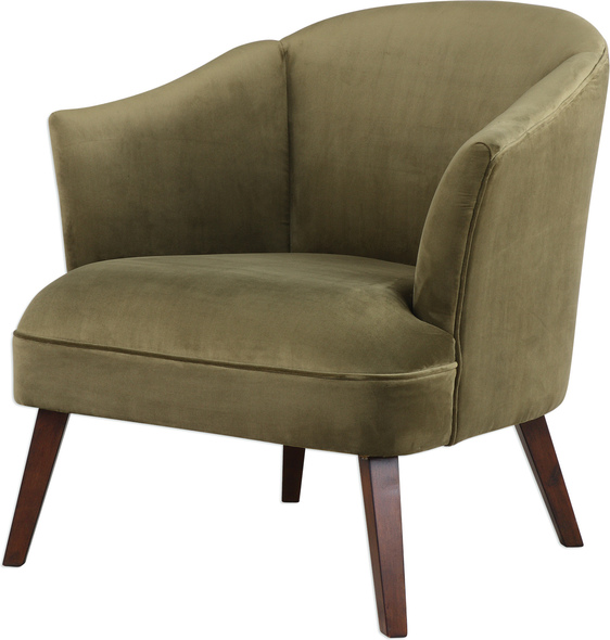 white chair and ottoman Uttermost  Accent Chairs & Armchairs This Barrel Back Style Accent Chair Offers A Cozy Feel, Featuring A Soft Olive Toned Polyester Velvet, Finished With A Welt Trim And Tapered Birch Legs In Dark Walnut. Seat Height Is 18".