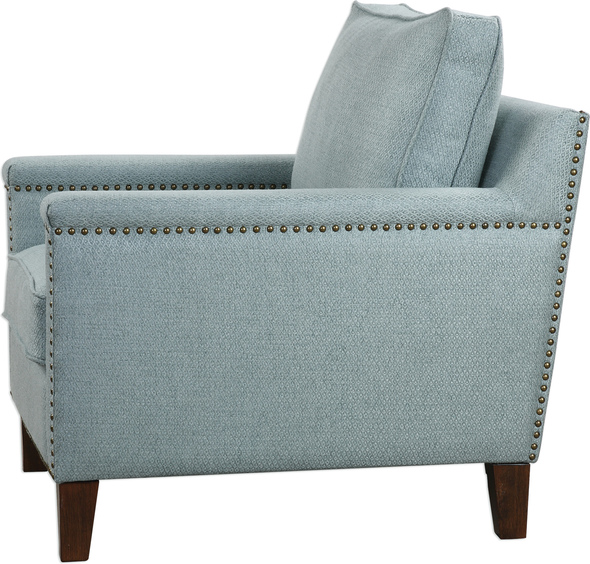 modern easy chair Uttermost  Accent Chairs & Armchairs Supportive Comfort In A Transitional Club Chair, With A Subtle Woven Argyle Pattern In Light Sea Mist, Accented With Antique Brass Nail Head Trim On Solid Oak Legs Finished In Dark Walnut. Seat Height Is 19".