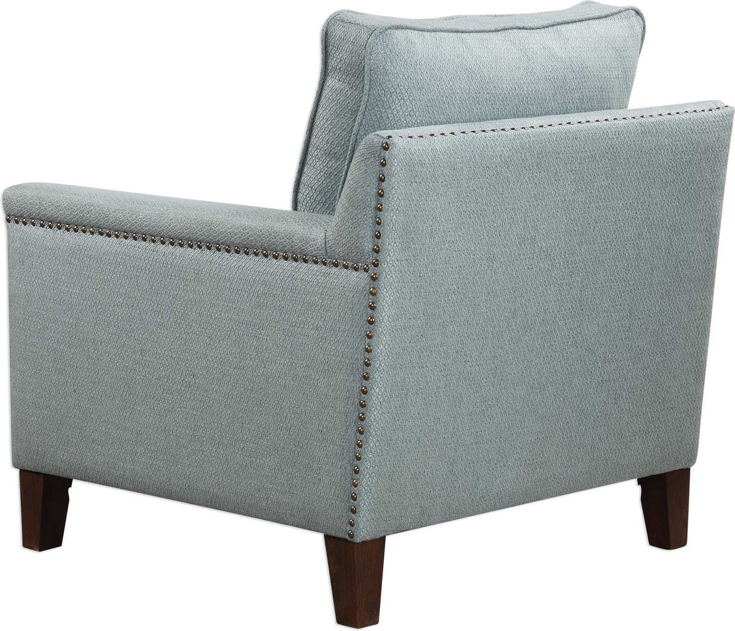 modern easy chair Uttermost  Accent Chairs & Armchairs Supportive Comfort In A Transitional Club Chair, With A Subtle Woven Argyle Pattern In Light Sea Mist, Accented With Antique Brass Nail Head Trim On Solid Oak Legs Finished In Dark Walnut. Seat Height Is 19".