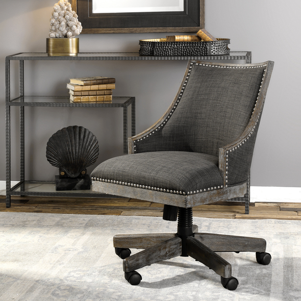 lounge chairs near me Uttermost  Accent Chairs & Armchairs Curved Back Design In Warm Charcoal Gray Linen, Accented By Polished Nickel Nail Head Trim.  Honey-stained Frame Is Finished With Heavy Gray Wash. Seat Height Is Adjustable From 19.5 To 21.75.