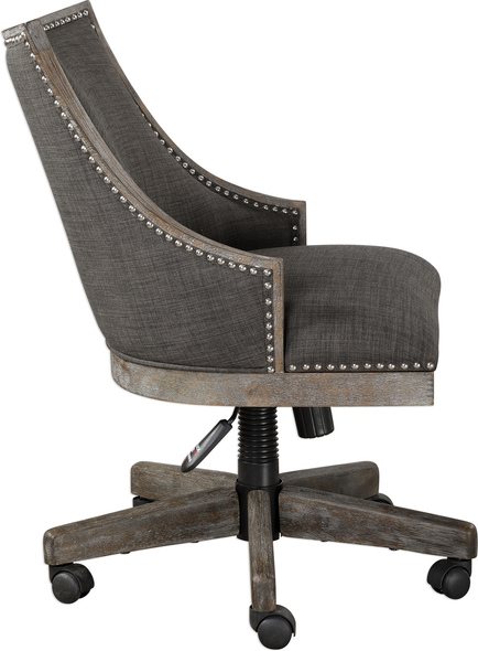 lounge chairs near me Uttermost  Accent Chairs & Armchairs Curved Back Design In Warm Charcoal Gray Linen, Accented By Polished Nickel Nail Head Trim.  Honey-stained Frame Is Finished With Heavy Gray Wash. Seat Height Is Adjustable From 19.5 To 21.75.