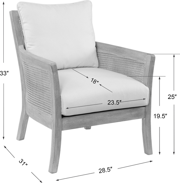 chairs living room accent Uttermost  Accent Chairs & Armchairs High Supportive Back And Curvy Flair Arms Make A Grand Style Statement In A Lightly Glazed And Bleached Sandstone Exposed Hardwood Finish With Cane Sides, Tailored In A Durable Yet Lush Off-white Fabric. Seat Height Is 20".