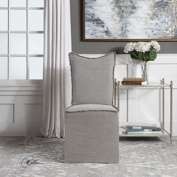 pink chaise chair Uttermost  Accent Chairs & Armchairs Stonewashed Gray Linen Blend Slipcover Features A Reverse Seam With Fringe, Draped Over An Armless Frame With Naturally Finished Poplar Legs, Body Fabric Is A Neutral Linen. Slipcovers Packaged Separately. Sold As A Set Of 2. Seat Height Is 19".