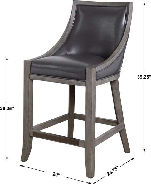 navy wingback chair Uttermost Bar & Counter Stools Versatile Transitional Styling, Covered In A Steel Gray Welt Trimmed Faux Leather On A Solid Birch Wood Frame, Hand Finished In A Weathered Charcoal Brown Wash. Antique Bronze Metal Kick Plate. Seat Height Is 26".