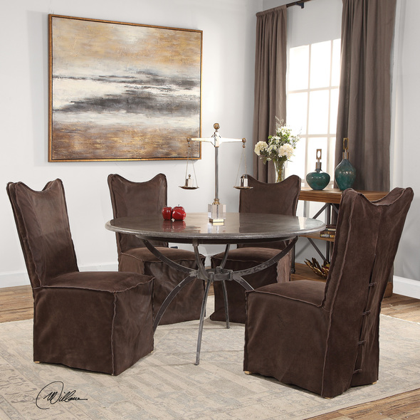 fur chair Uttermost  Accent Chairs & Armchairs Thick Top Grain Nubuck Leather Slipcover Chair In A Distressed Hand-sanded Chocolate With A Tailored Double Stitched Design And Casual Flange Edges, Featuring A Button Closure Back. Because Leather Is A Natural Product, Both Texture And Color Will Vary Slightly From Hide To Hide And Within The Same Hide. Slipcovers Packaged Separately.Sold As A Set Of 2. Seat Height Is 19".