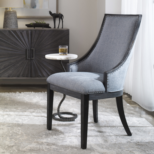 navy blue arm chairs Uttermost  Accent Chairs & Armchairs Curved Back Design In A Woven Light Denim, Accented By Antique Brass Nail Head Trim. Wirebrushed Birch Frame Is Finished In An Ebony Stain. Seat Height Is 21".