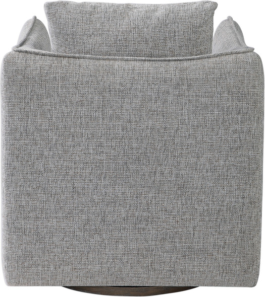small beige accent chair Uttermost  Accent Chairs & Armchairs Casual Shelter Arm Accent Chair Tailored In A Woven Linen Blend Fabric In Natural Stone Hues, Featuring A Flanged Edge Trim Complete With A Loose Back Pillow. Rests On A Solid Birch Wood Swivel Base, Finished In A Weathered Gray Stain. Seat Height Is 19".