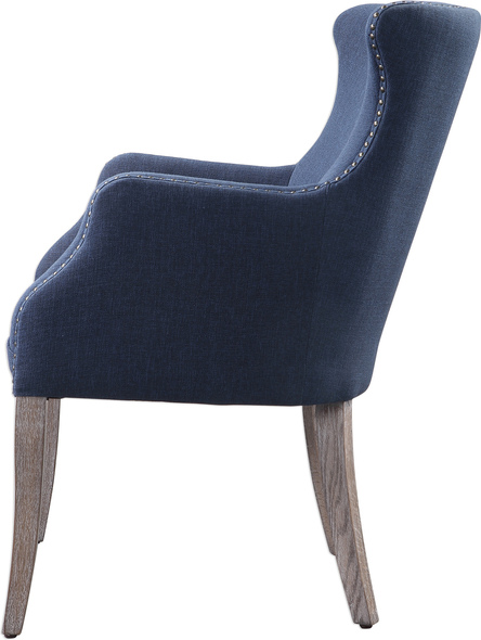 chair french Uttermost  Accent Chairs & Armchairs Contemporary Style Can Be Found In This Solidly Constructed Wing Chair. Featuring A Denim Blue Linen Blend Fabric Accented With Antique Bronze Nail Head Trim, On Slightly Tapered Oak Legs In A Weathered Sandstone Finish With A Light Tan Glaze. Seat Height Is 19".