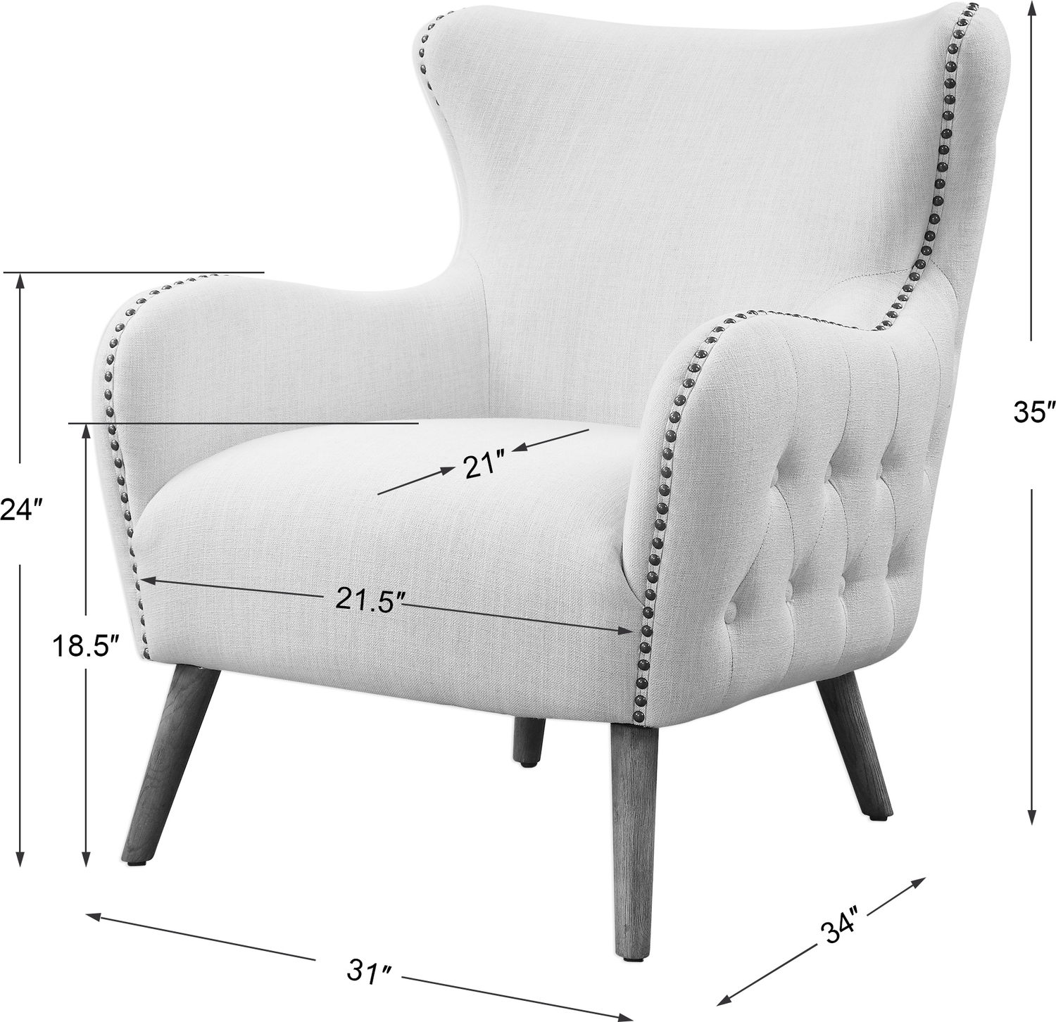 wingback chairs near me Uttermost  Accent Chairs & Armchairs Add Classic Elegance To A Space With This Wing Back Lounge Chair. Covered In A Cream Linen Blend Fabric, Complete With A Button Tufted Exterior And Trimmed With Antique Bronze Finished Nail Heads. The Accent Chair Is Set On Oak Finished Dowel Legs With A Lightly Applied Gray Wash, Showcasing The Natural Wood Grain. Seat Height Is 18".