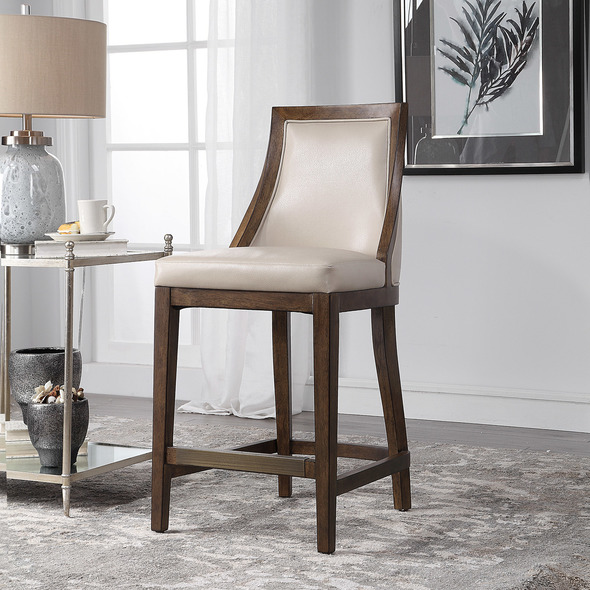 chair and ottoman Uttermost Bar & Counter Stools Transitional Versatility Is Embodied In This Classic Counter Stool, Tailored In A Faux Pebbled Leather In Cappuccino, With A Contrasting Smooth Walnut Finished Solid Wood Frame. Antique Bronze Finished Metal Kick Plate. Seat Height Is 27".