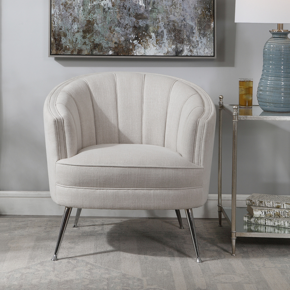 royal blue accent chair Uttermost  Accent Chairs & Armchairs The Perfect Balance Of Retro And Modern Style, This Welt Trimmed Barrel Back Chair Is Covered In A Casual Light Tan Fabric With Channel Tufting And Polished Nickel Tapered Legs. Seat Height Is 19".