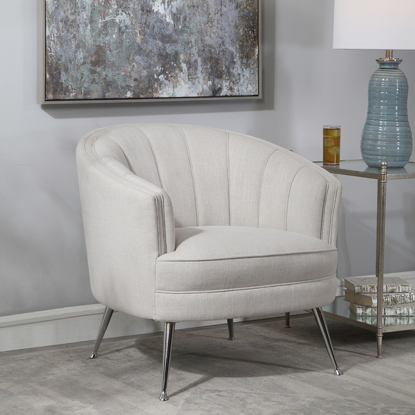 royal blue accent chair Uttermost  Accent Chairs & Armchairs The Perfect Balance Of Retro And Modern Style, This Welt Trimmed Barrel Back Chair Is Covered In A Casual Light Tan Fabric With Channel Tufting And Polished Nickel Tapered Legs. Seat Height Is 19".