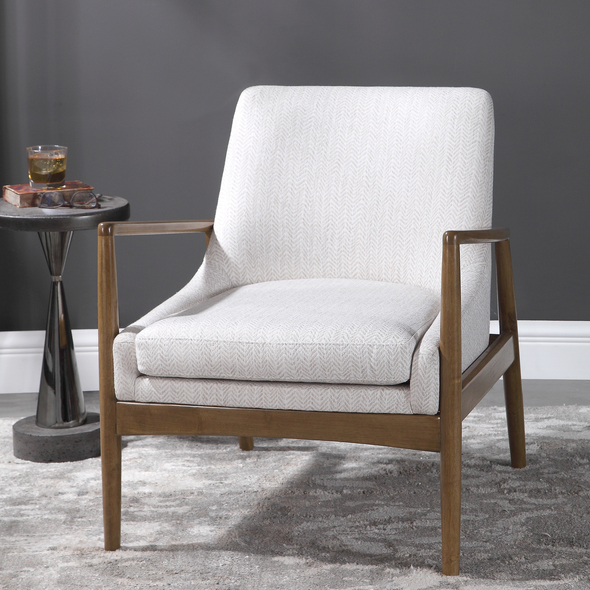low accent chair Uttermost  Accent Chairs & Armchairs Scandinavian Style Accent Chair Featuring An Exposed Solid Wood Frame Finished In A Honey Stain And Covered In A Subtle, Taupe And White Chevron Polyester. Seat Height Is 18".