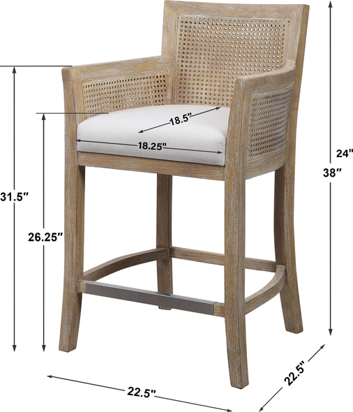 tall outdoor bar stools Uttermost Bar & Counter Stools High Supportive Back And Curvy Flair Arms Make A Grand Style Statement In A Lightly Glazed And Bleached Sandstone Exposed Hardwood Finish With Cane Sides, Tailored In A Durable Yet Lush Off-white Fabric. Polished Nickel Metal Kick Plate. Seat Height Is 26".