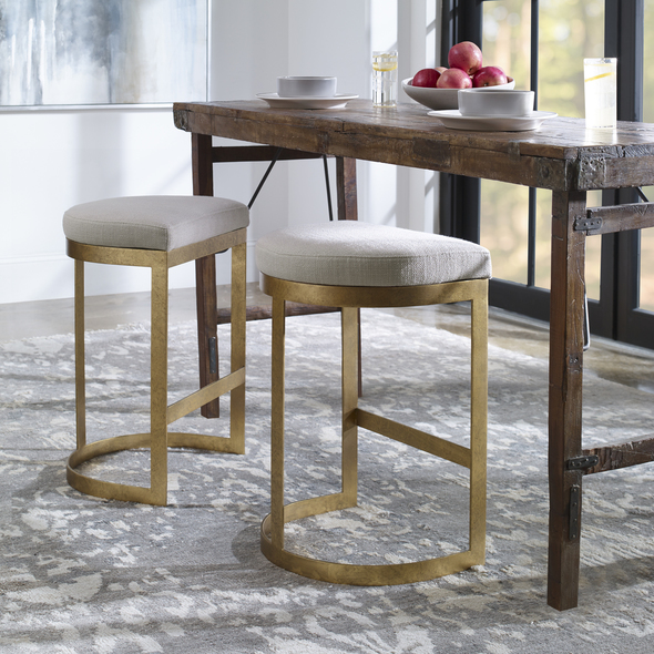 pink accent chair with ottoman Uttermost Bar & Counter Stools Simplistic But Sturdy, This Statement Counter Stool Features A Thick Hand Forged Iron Base Finished In A Mottled Antique Gold Leaf. Plush Seat Is Tailored In An Off-white Linen Blend Fabric. Seat Height Is 26".