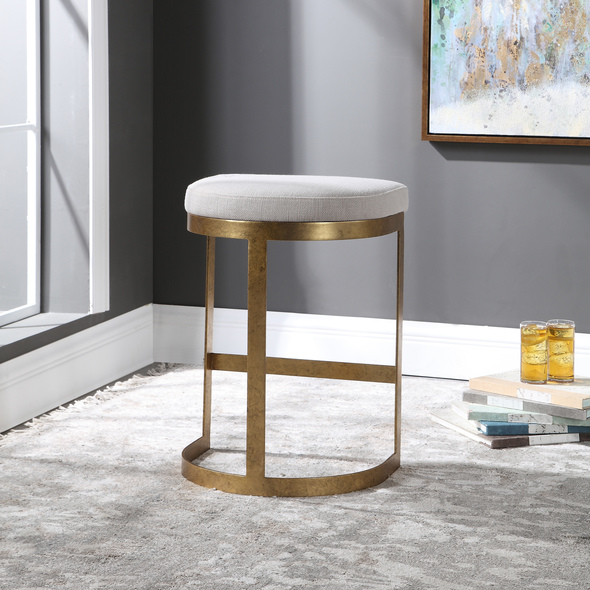 pink accent chair with ottoman Uttermost Bar & Counter Stools Simplistic But Sturdy, This Statement Counter Stool Features A Thick Hand Forged Iron Base Finished In A Mottled Antique Gold Leaf. Plush Seat Is Tailored In An Off-white Linen Blend Fabric. Seat Height Is 26".