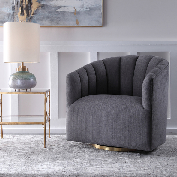 comfortable accent chairs with ottoman Uttermost  Accent Chairs & Armchairs Modern Barrel Back Chair Is Covered In A Charcoal Gray Fabric With Deep Channel Tufting And Welt Trimmed Details. The Stainless Steel Swivel Base Is Finished In Brushed Brass. Seat Height Is 17".