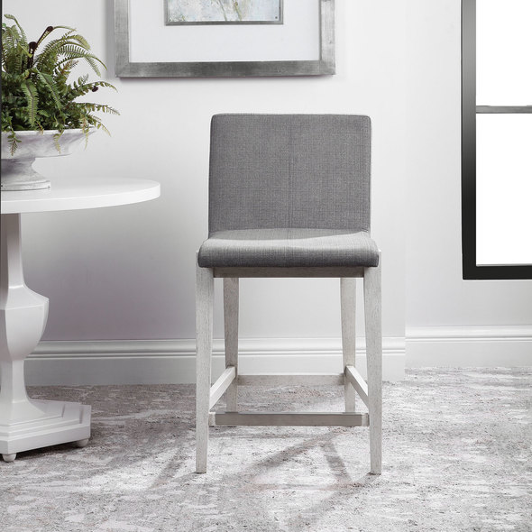 adjustable height bar stools Uttermost Bar & Counter Stools Gently Sloped Padded Seat In A Charcoal Linen Blend Performance Fabric Rests Within A Solid Wood Frame Finished In Aged White, With A Brushed Nickel Metal Kick Plate. Seat Height Is 25".
