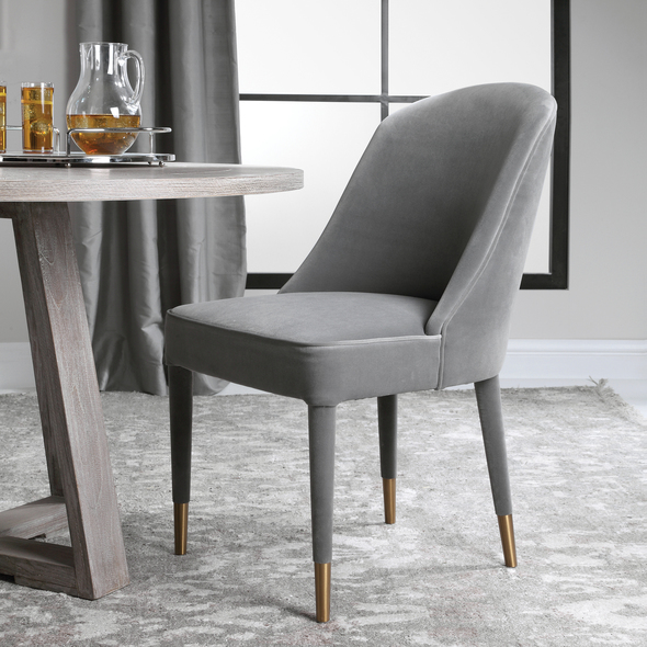 high back accent chairs for living room Uttermost  Accent Chairs & Armchairs Perfect For Modern Dining, This Armless Chair Features Sleek Lines Covered In A Light Gray Velvet With Welted Trim And Accented With Brushed Brass Ferrules. Sold As A Set Of 2. Seat Height Is 19".