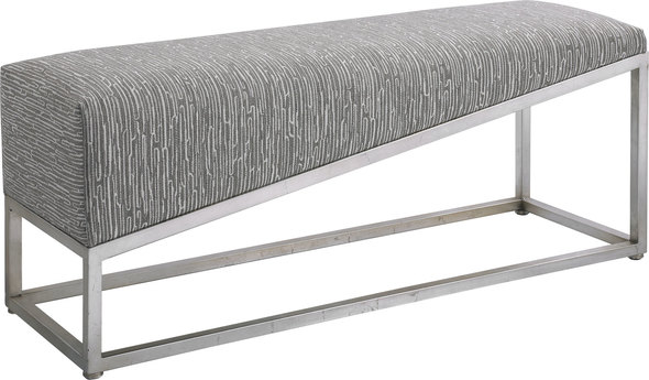 light gray bench Uttermost Bench Showcasing Sleek Angular Lines, This Bench Is The Perfect Modern Accent. The Forged Iron Base Is Finished In Brushed Silver Leaf And Is Accented By A Medium Gray And White Geometric Fabric.
