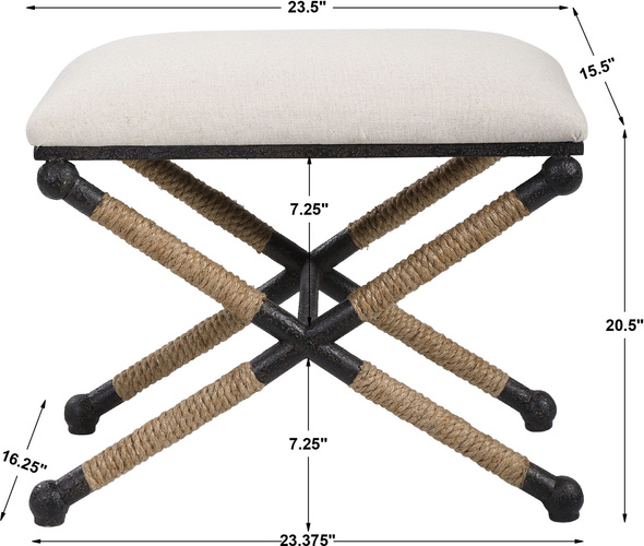 bench leather ottoman Uttermost  Small Benches Rustic Iron Frame With A Nautical Touch, Wrapped In Natural Fiber Rope Accents. Cushioned Top Is A Sturdy, Cotton In A Neutral Oatmeal.