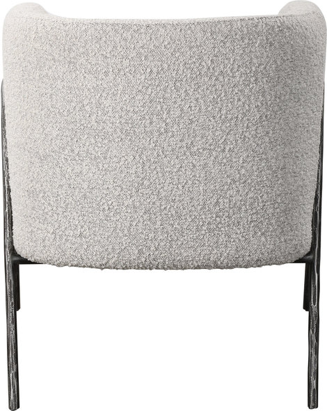 cognac leather lounge chair Uttermost  Accent Chairs & Armchairs Inspired By Scandinavian Designs, This Barrel Back Style Chair Showcases Elegant Curved Lines With A Chiseled Iron Frame In A Natural Aged Black Iron Finish. A Casual Ivory And Warm Gray Boucle Fabric Accents This Modern Look. Seat Height Is 19".