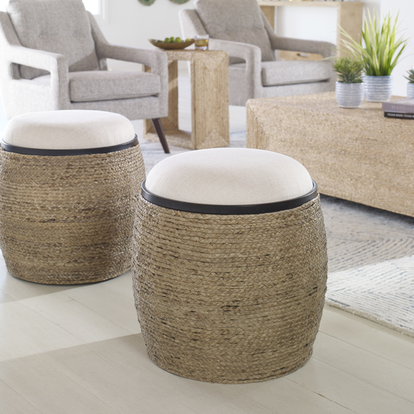 club chair with ottoman Uttermost  Accent Stools A Unique Blend Of Casual And Coastal Styles, This Accent Stool Is A Versatile Piece That Can Be Used As Seating Or A Footrest. The Round Base Is Wrapped In Natural Braided Straw With Matte Black Iron Details With A Plush Upholstered Seat In Light Beige.