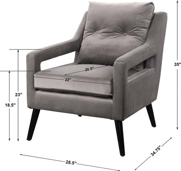 living room accent chairs ideas Uttermost  Accent Chairs & Armchairs A Nod To Classic Scandinavian Style, This Open Arm Style Chair Is Tailored In A Luxurious Smoke Gray Velvet With A Button Tufted Back Cushion And Matte Black Finished Wood Legs. Seat Height Is 19".