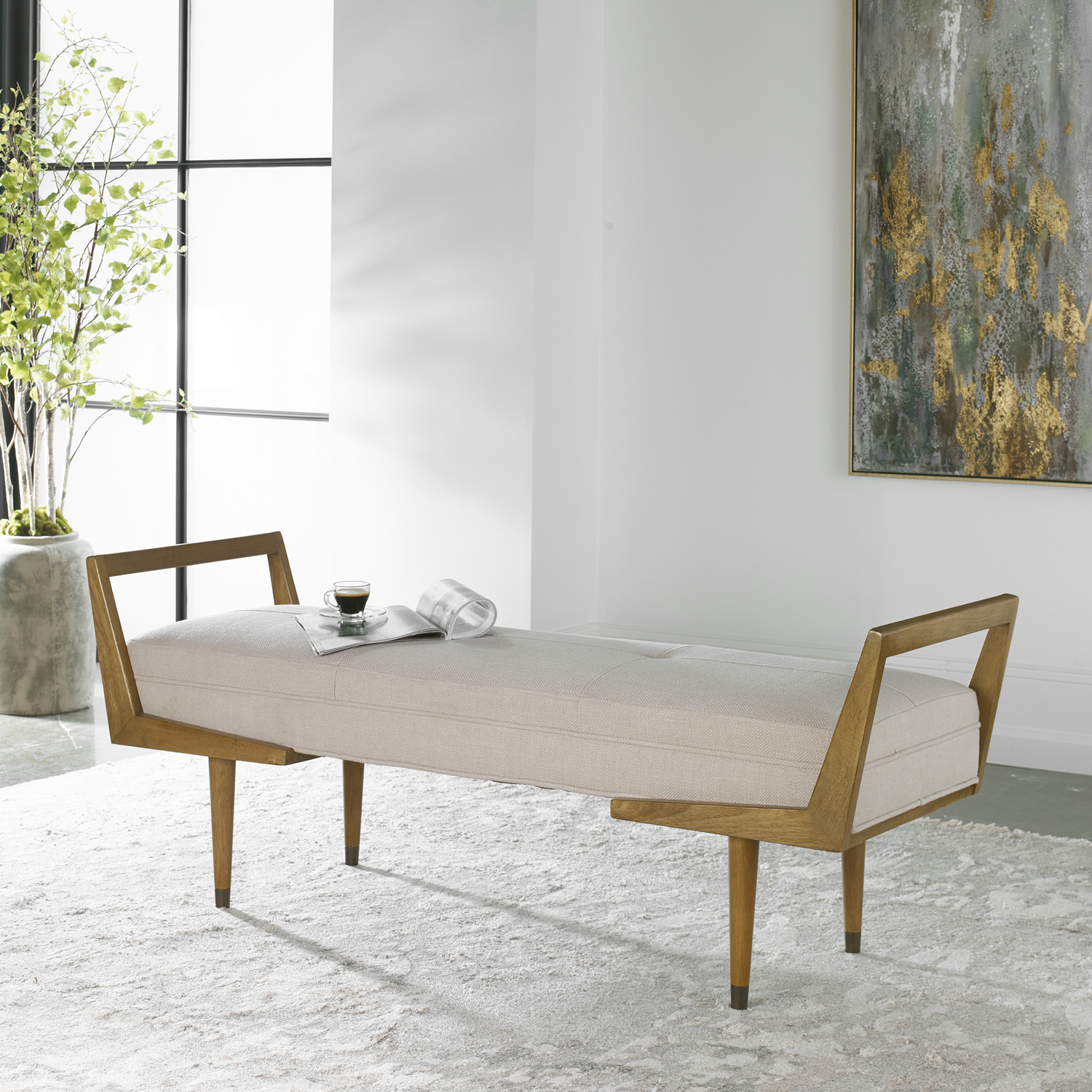 square fabric ottoman Uttermost Benches A Bench For Extra Seating With A Mid-century Twist In Its Modern Birch Wood Frame Lightly Finished In A Smooth Oak Finish, With A Tufted Bench Seat In A Woven Ivory Fabric. Seat Height Is 19".