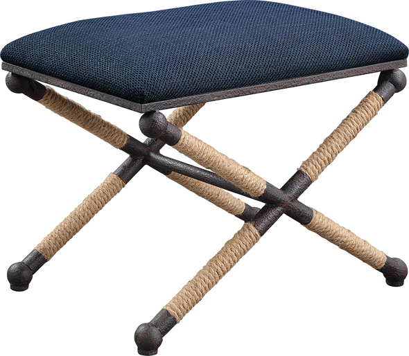 small storage seating bench Uttermost Benches Rustic Iron Frame With A Nautical Touch, Wrapped In Natural Fiber Rope Accents. Cushioned Top Is A Cotton Blend In A Rich Textured Navy Blue.