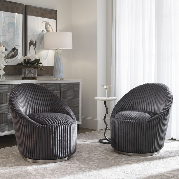 trendy accent chairs Uttermost  Accent Chairs & Armchairs A Contemporary Accent With A Modern Edge, This Chair Is Upholstered In A Luxurious Fluted Gunmetal Chenille Fabric And Is Accented By A Stainless Steel Swivel Base Finished In Brushed Nickel. Seat Height Is 19".