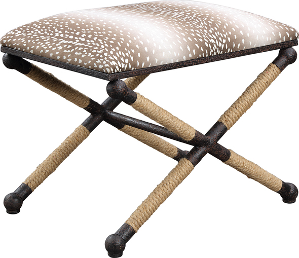 pouf leather Uttermost Small Benches This Lodge Inspired Small Bench Has A Rustic Iron Frame Accented With Natural Fiber Rope Details, Featuring A Fun Neutral Fawn Printed Polyester Top.