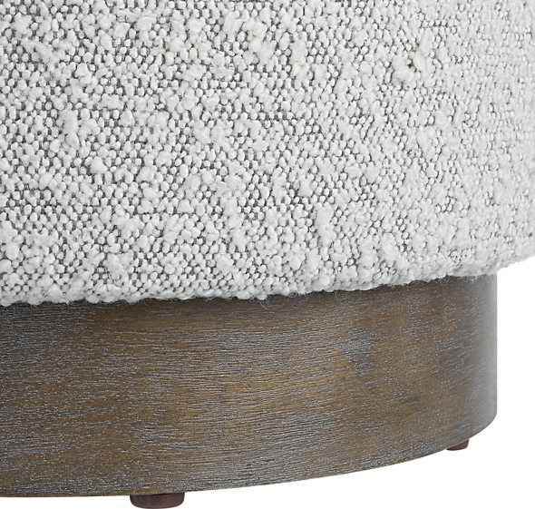 leather storage bench with arms Uttermost Ottomans & Poufs This Plush Ottoman Is Covered In A Casual Ivory And Warm Gray Boucle Fabric With A Natural Walnut Stained Oak Base. Versatile And Stylish, This Piece Can Be Used As A Seat Or Footrest, Grouped Together Or As A Singular Accent Piece.