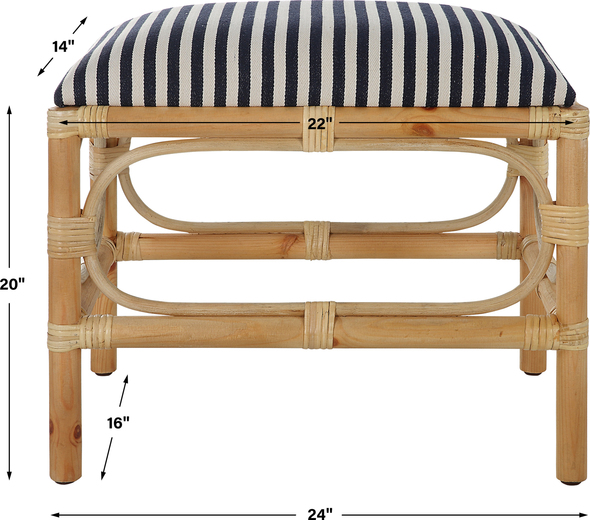 storage square ottoman Uttermost Benches A Refreshing Coastal Accent Featuring A Casual Cotton Blend Navy And White Striped Seat, Over A Naturally Finished Solid Wood Base With Rattan Wrapped Accents. Perfect Doubled Up At The Foot Of A Bed Or Under A Console Table.