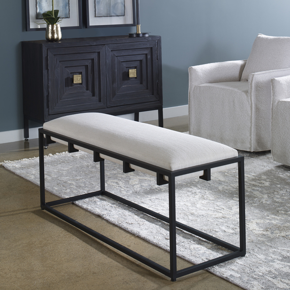 accent long chair Uttermost Benches A Classic And Sophisticated Color Combination, This Bench Features A Sleek Matte Black Iron Frame And Is Paired With A Plush Upholstered Seat In A Crisp White Waffle Textured Polyester.