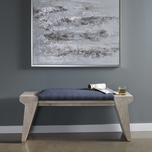 ottoman stool with back Uttermost Benches The Davenport Bench Adds A Modern Coastal Touch With Its Asymmetrical Legs In  Cerused Fir Wood Exposing The Natural Wood Grain, Upholstered In A Rich Navy Blue Cotton Blend Fabric.