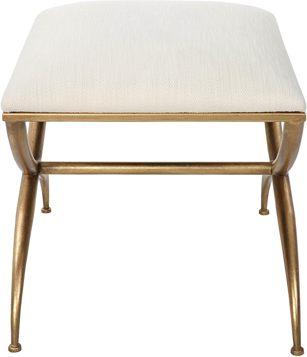 blue accent chair cheap Uttermost Benches Classic Yet Stylish, This Small Bench Features A Curved Iron Frame Finished In An Elegant Gold Leaf. The Cushioned Top Is Upholstered In A Crisp White Fabric, Doubling As A Comfortable Seat Or Footrest.
