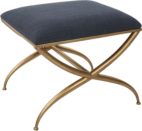 long upholstered bench Uttermost Benches Classic Yet Stylish, This Small Bench Features A Curved Iron Frame Finished In An Elegant Gold Leaf. The Cushioned Top Is Upholstered In A Textured Navy Blue Fabric, Doubling As A Comfortable Seat Or Footrest.