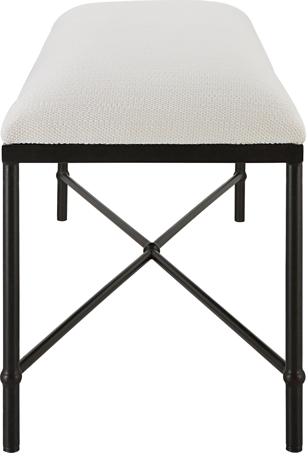 black upholstered storage ottoman Uttermost Benches Thoroughly Modern Yet Inspired By The Classics, This Bench Displays A Stylish Black And White Look Featuring An Iron Frame In Aged Black, Upholstered In A Crisp White Textured Fabric.