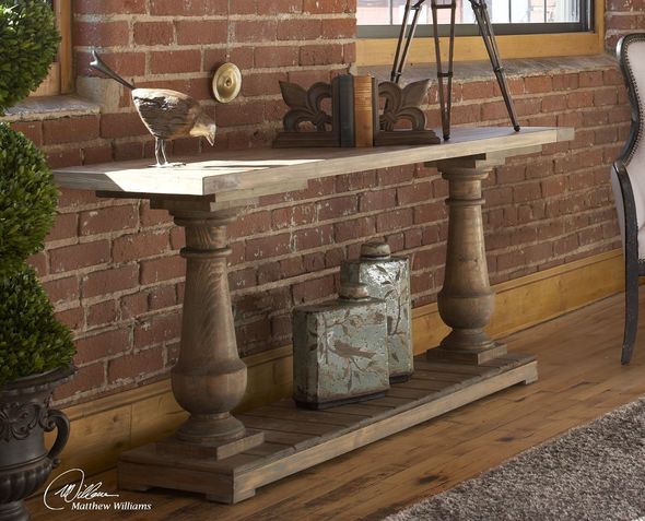 corner console table Uttermost  Console & Sofa Tables Solidly Constructed Of Salvaged Fir Lumber And Hand Turned Balusters. Sun Faded And Distressed Patina Is Finished With A Stony Gray Wash. Reclaimed Wood Is Restored From A Previous Life As Old Doors, Railroad Ties, Etc, And Features Old Nail Holes, Mineral Staining, And Natural Imperfections. Note That Solid Wood Will Continue To Move With Temperature And Humidity Changes, Which Can Result In Small Cracks And Uneven Surfaces, Adding To Its Authenticity And Character. Matthew Williams