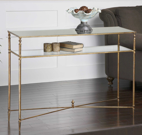bathroom console table Uttermost  Console & Sofa Tables Antiqued Gold Leaf, Forged Iron With Iron Cross Stretchers. Top Is Reinforced Mirror And Gallery Shelf Is Clear Tempered Glass. Matthew Williams