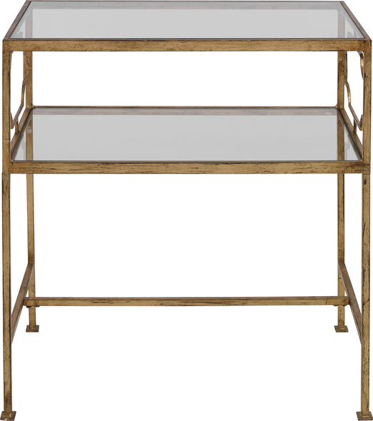 steel table design Uttermost Accent & End Tables Featuring Elegant Forged Iron Decorated Sides, This Side Table Is Finished In Antique Gold Leaf With Clear Tempered Glass Top And Gallery Shelf. Matthew Williams