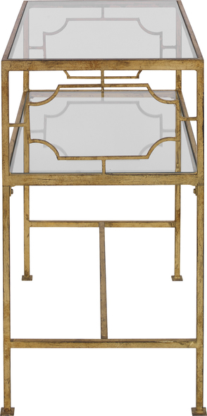 steel table design Uttermost Accent & End Tables Featuring Elegant Forged Iron Decorated Sides, This Side Table Is Finished In Antique Gold Leaf With Clear Tempered Glass Top And Gallery Shelf. Matthew Williams