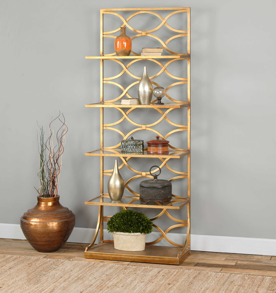 library bookcase white Uttermost Etageres Featuring A Graceful Forged Iron Fretwork Back, This Freestanding Etagere Is Finished In A Lustrous Gold Leaf Finish With Four Tempered Glass Shelves.