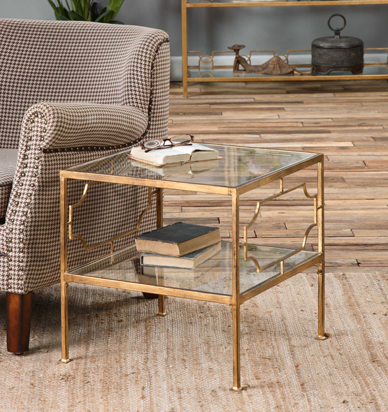 furniture console table Uttermost Accent & End Tables Featuring Elegant Forged Iron Decorated Sides, This Cube Table Acts As The Perfect Side Table, Or Bunched As A Coffee Table. Finished In Antique Gold Leaf With Clear Tempered Glass Top And Gallery Shelf.