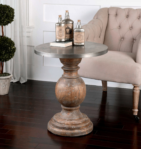 vintage brass side table Uttermost Accent & End Tables Naturally Weathered, Reclaimed Fir Wood Pedestal Accented By An Aluminum Sheeting-clad Table Top. Solid Wood Will Continue To Move With Temperature And Humidity Changes, Which Can Result In Small Cracks And Uneven Surfaces, Adding To Its Authenticity And Character.