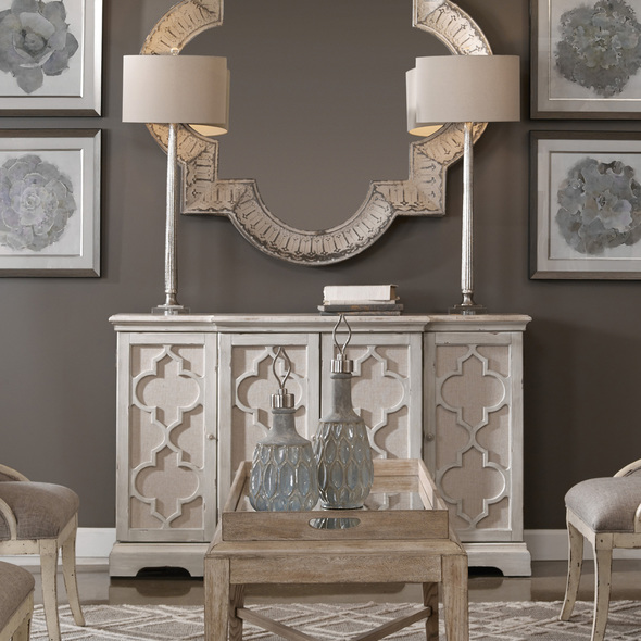 long 4 drawer dresser Uttermost Door Cabinets Breakfront Console In Weathered Sea Gray With Ivory Wash. Open-carved Doors Are Backed In Light Tan Linen, Enclosing Three Adjustable Shelves.