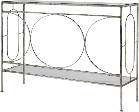 mid century modern coffee table Uttermost  Console & Sofa Tables Refined, Thinly Shaped Forged Iron Is Finished In Heavily Distressed Antique Silver. Top Shelf Is Mirrored With A Clear Tempered Glass Gallery Shelf.