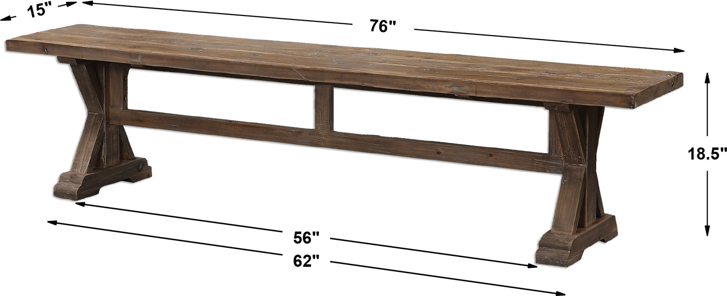 ottoman bench Uttermost Salvaged Wood Bench Solidly Constructed Of Salvaged Fir Lumber With A Carved Trestle Base. Sun Faded And Distressed Patina Is Finished With A Stony Gray Wash. Solid Wood Will Continue To Move With Temperature And Humidity Changes, Which Can Result In Small Cracks And Uneven Surfaces, Adding To Its Authenticity And Character.